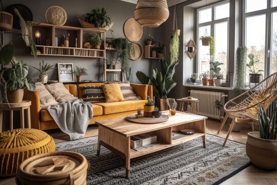 Boho living room in comfortable apartment with design coffee table, gray couch, honey yellow cushion, piano, wooden shelf, plants, and attractive personal items. Illustrations. Generative AI