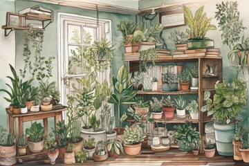 Fototapeta na wymiar Boho house decor drawing. Plant filled home. Hand drawn watercolor. Generative AI
