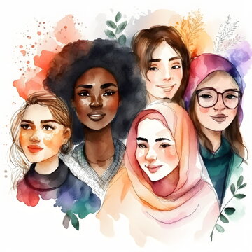 watercolor painting of diverse female friends with grunge leaf background design, made with generative ai