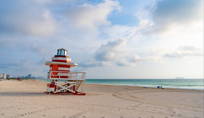 lifeguard at miami beach in summer, copy space. lifeguard at miami beach vacation.