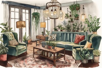 Fototapeta na wymiar Interior design. Hygge couch, rug, chandelier, and plants. Hand drawn watercolor. Watercolor theme homey. homey. furnishings. Generative AI