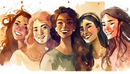 watercolor painting of young diverse female friends, made with generative ai
