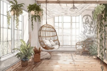 Unfinished blueprint, Boho farmhouse living room, potted plants, and lace hanging chair. Shuttered parquet window. Boho interior design,. Generative AI