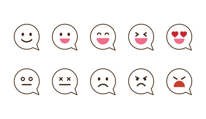 Speech bubble with emotions icon set. Vector set of cartoon character sentiment icon. Various facial expressions including happy, neutral, sad, angry. Emoji social network reactions icon. 