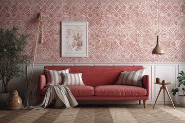 Red and beige farmhouse bohemian living room frame mock up. Modern wallpaper, couch, and decor. Modern decor,. Generative AI