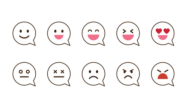Speech bubble with emotions icon set. Vector set of cartoon character sentiment icon. Various facial expressions including happy, neutral, sad, angry. Emoji social network reactions icon. 