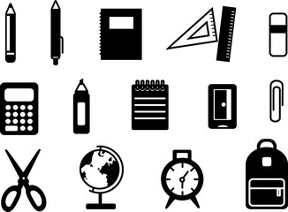 school supply icons set, transparent background