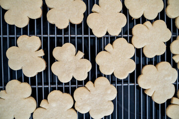 Overhead View of Fresh Baked Clover Sugar Cookies Cooling on Rack