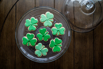 Overhead View of Saint Patrick's Day Cookies on Glass Plate