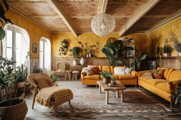 Fototapeta na wymiar Bohemian timber living room with wallpaper, parquet, and cane ceiling. White and yellow sofa, jute rug, and rattan armchairs. Boho decor,. Generative AI