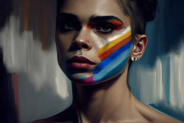 painting of woman with rainbow painted on face, made with generative ai