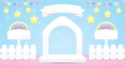 cute white house shape arch frame backdrop display stage scene with fence and rainbow signboard and hanging stars 3d illustration vector in kawaii style