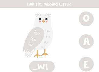 Find missing letter with cartoon snowy owl. Spelling worksheet.