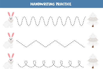 Tracing lines for kids. Cartoon arctic hare and pine tree.