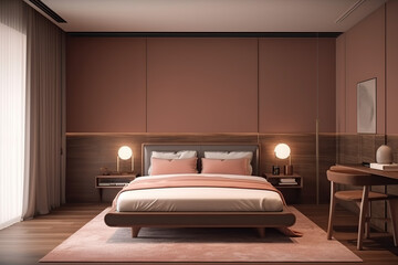 The modern interior design of luxury apartments, bedrooms, homes, and hotel decorations, 3d rendering, and generative AI tool.