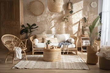 White and beige bohemian living room with parquet and wallpaper. Sofa, jute carpet, rattan armchair. Boho interior design, plan, above,. Generative AI