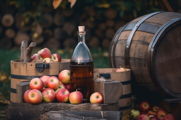 A bottle of cider in the garden against the backdrop of a barrel for fermentation. Apples, apple orchard. Generative AI. - obrazy, fototapety, plakaty