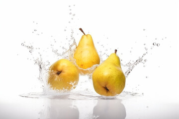 Fototapeta na wymiar Three yellow pears in a stream of water on a white background. Drops, splashes, water. Generative AI.