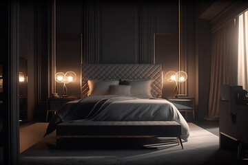 The modern interior design of luxury apartments, bedrooms, homes, and hotel decorations, 3d rendering, and generative AI tool.