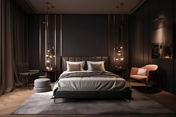 The modern interior design of luxury apartments, bedrooms, homes, and hotel decorations, 3d rendering, and generative AI tool.