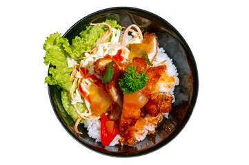 A bowl of rice with chiken katsu and vegetables, isolated on white background