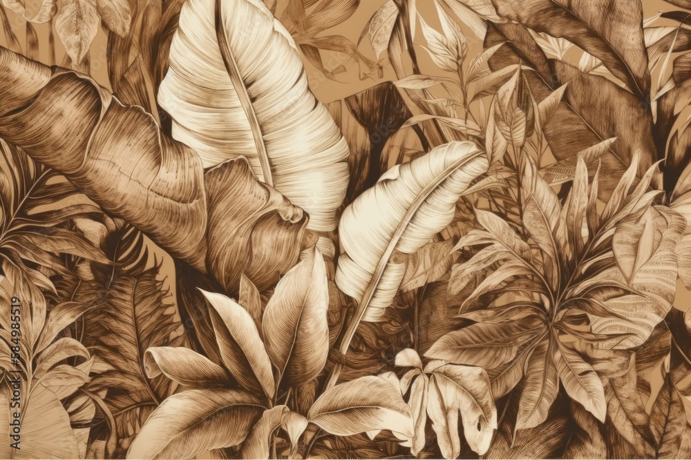 Sticker Sepia monochromatic tropical leaf wallpaper design. Generative AI