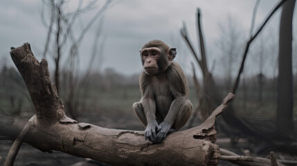 A lone sad monkey sitting in a destroyed forest - Concepts of habitat destruction, climate change, conversation - generative ai - obrazy, fototapety, plakaty