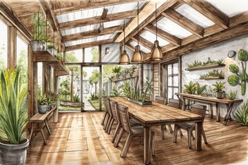 Architect interior designer concept unfinished hand drawn project becomes rural wooden dining room. Chairs and table décor. Japandi style,. Generative AI