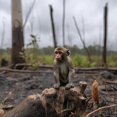 A lone sad monkey sitting in a destroyed forest - Concepts of habitat destruction, climate change, conversation - generative ai
