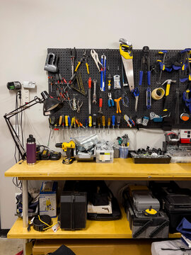 Workshop Desk with repair tools in Garage 