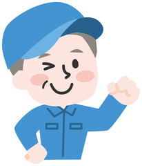 ウインクをする作業員のシニア男性
