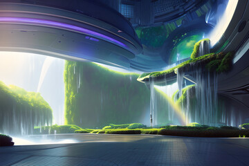 Fototapeta na wymiar futuristic shopping mall with waterfalls inside a space station with plants conecpt art