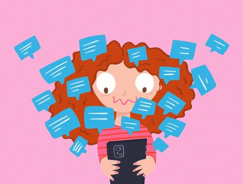 Woman overwhelmed by social media. Stress and anxyety illustration.