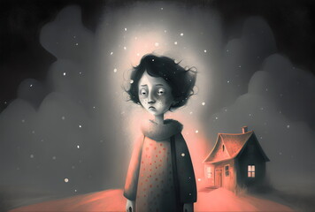 stylized illustration of sad spooky woman in front of small cottage, made with generative ai