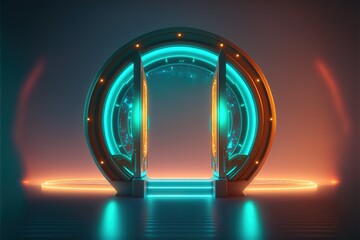 Fantastic high-tech portal with neon illumination on a spaceship. Teleportation of the cyberpunk world. AI