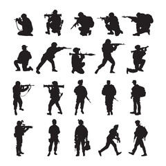 Set armed soldiers silhouette vector illustration.