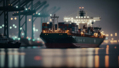 Obraz premium container cargo freight ship in the night sea port