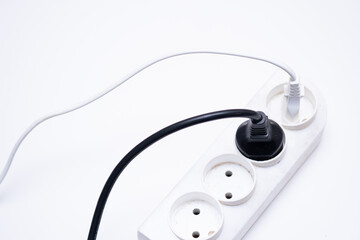 power strip with connected cables isolated on white background