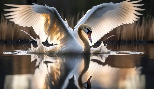 white swan, bird sits on the water, wings spread