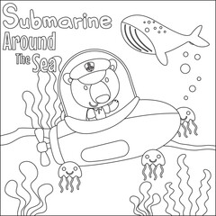 Coloring picture of cartoon submarine ship. cute little tiger sailor, Childish design for kids activity colouring book or page.