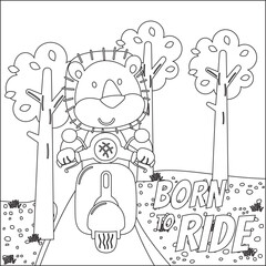 Cute lion tiger riding scooter, funny animal cartoon,vector illustration. Childish design for kids activity colouring book or page.