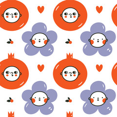 Simple seamless background with cute baby faces, kawaii pomegranate, flower in doodle style. Flat hand drawn pattern summer for wrapping paper, children merch, baby shower, fabric, textile, stickers