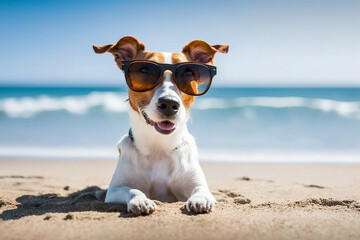 Plakat Cute dog - jack Russell terrier, enjoying on the beach. Generative Ai