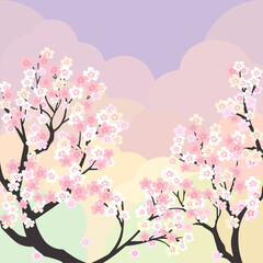 Blossoming cherry trees on colorful Spring background, flat vector illustration, space for text or design.
