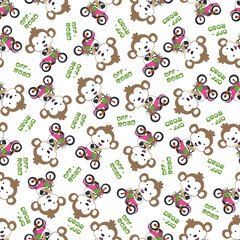 Seamless pattern texture with Cute little monkey Riding motorcycle, Cartoon Vector Icon Illustration. For fabric textile, nursery, baby clothes, background, textile, wrapping paper and other 