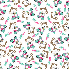 Cartoon seamless pattern of cute monkey riding Scooter . Can be used for t-shirt printing, children wear fashion designs and other decoration.