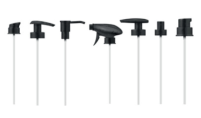 Pump dropper sprayer for cosmetic bottle black cap design set realistic vector illustration