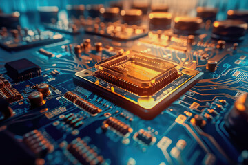 Obraz premium Close-up of an electrical printed circuit board. Multicore, gold and blue, super powerful. Generative AI