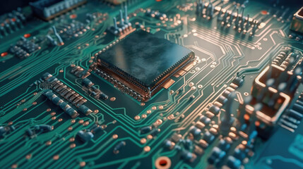 Fototapeta premium Close-up of an electrical printed circuit board. Multicore, gold and blue, super powerful. Generative AI
