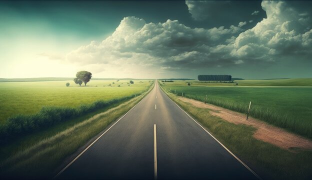 Endless road along green grassland, Generate Ai